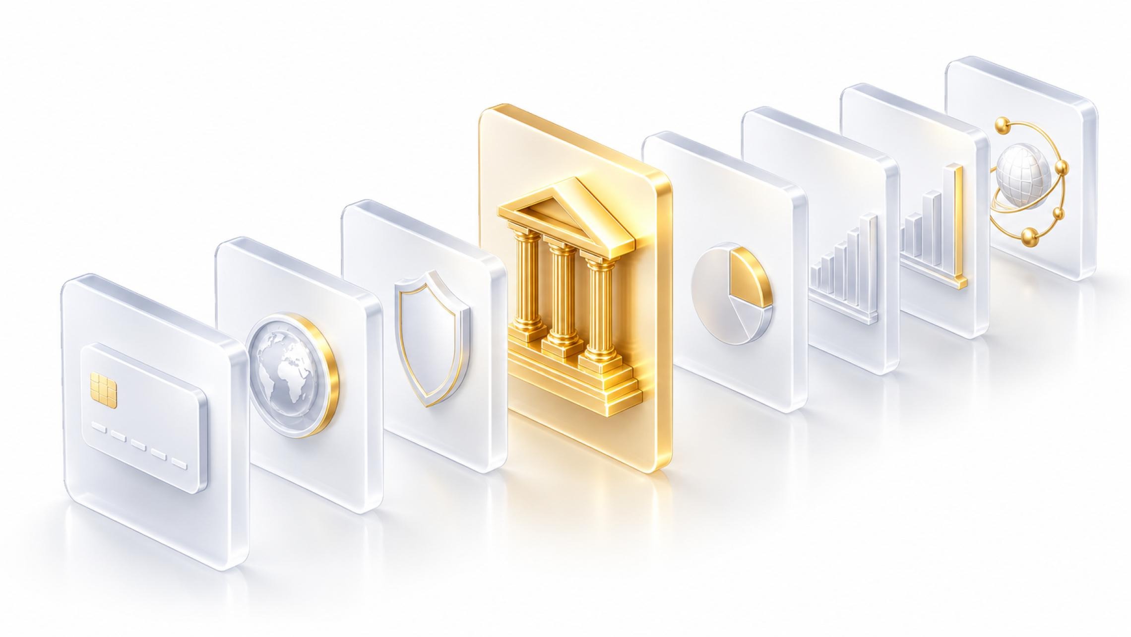 Layered glass panels representing payments, custody, security and reporting, with a bank at the centre